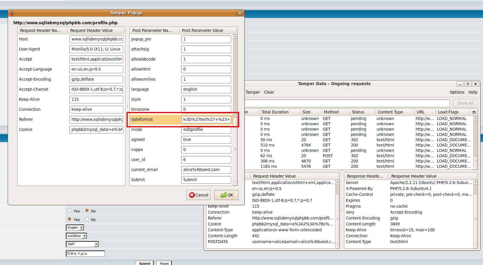 图 7 使用Tamper Data构造请求