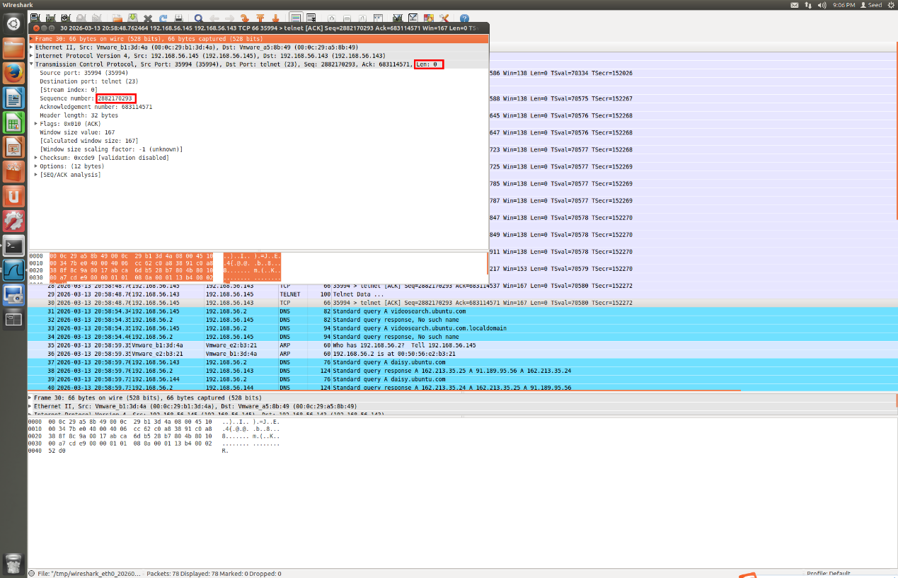 图 22 使用wireshark检测到telnet包