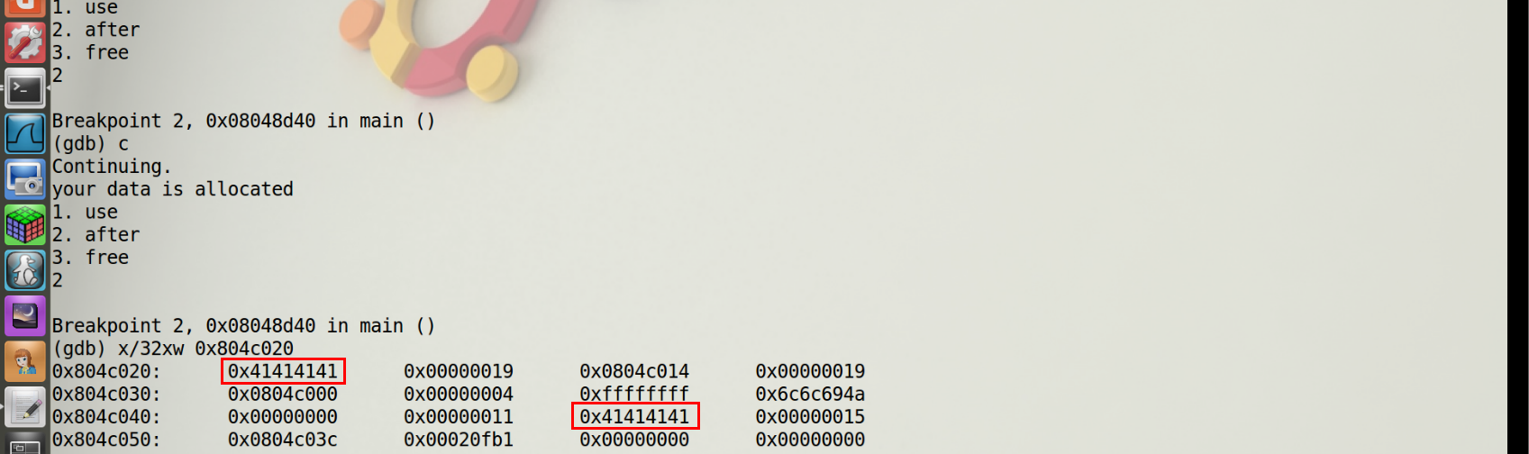 图10 两次申请内存后查看内存内容
