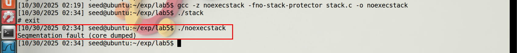 图9 打开栈不可执行，引发错误